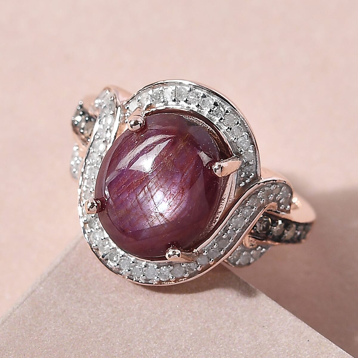 Indian Star Ruby, Natural Champagne and White Diamond Ring in Vermeil Rose Gold Over Sterling Silver (Size 7.0) 6.75 ctw image number 1