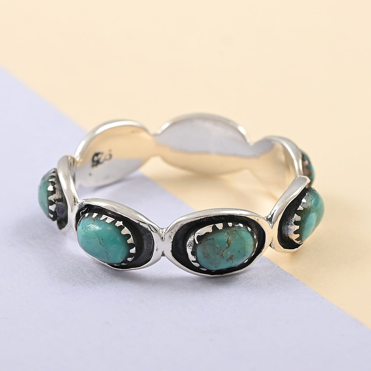 Santa Fe Style Kingman Turquoise Eternity Ring in Sterling Silver (Size 6.0) 0.10 ctw image number 1