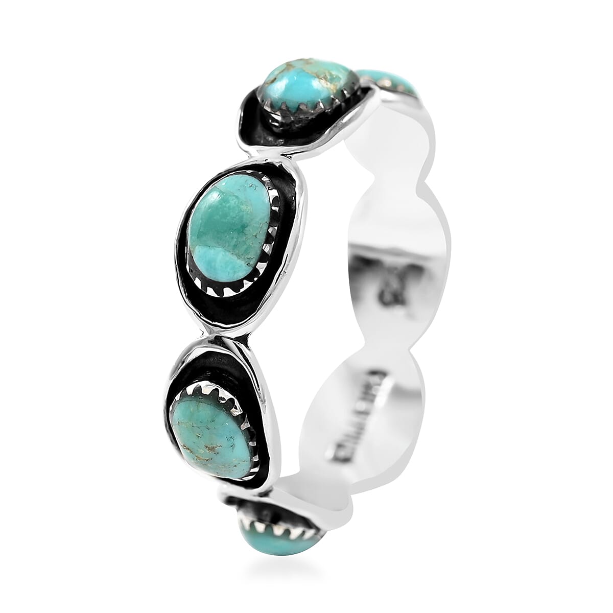 Santa Fe Style Kingman Turquoise Eternity Ring in Sterling Silver (Size 6.0) 0.10 ctw image number 3