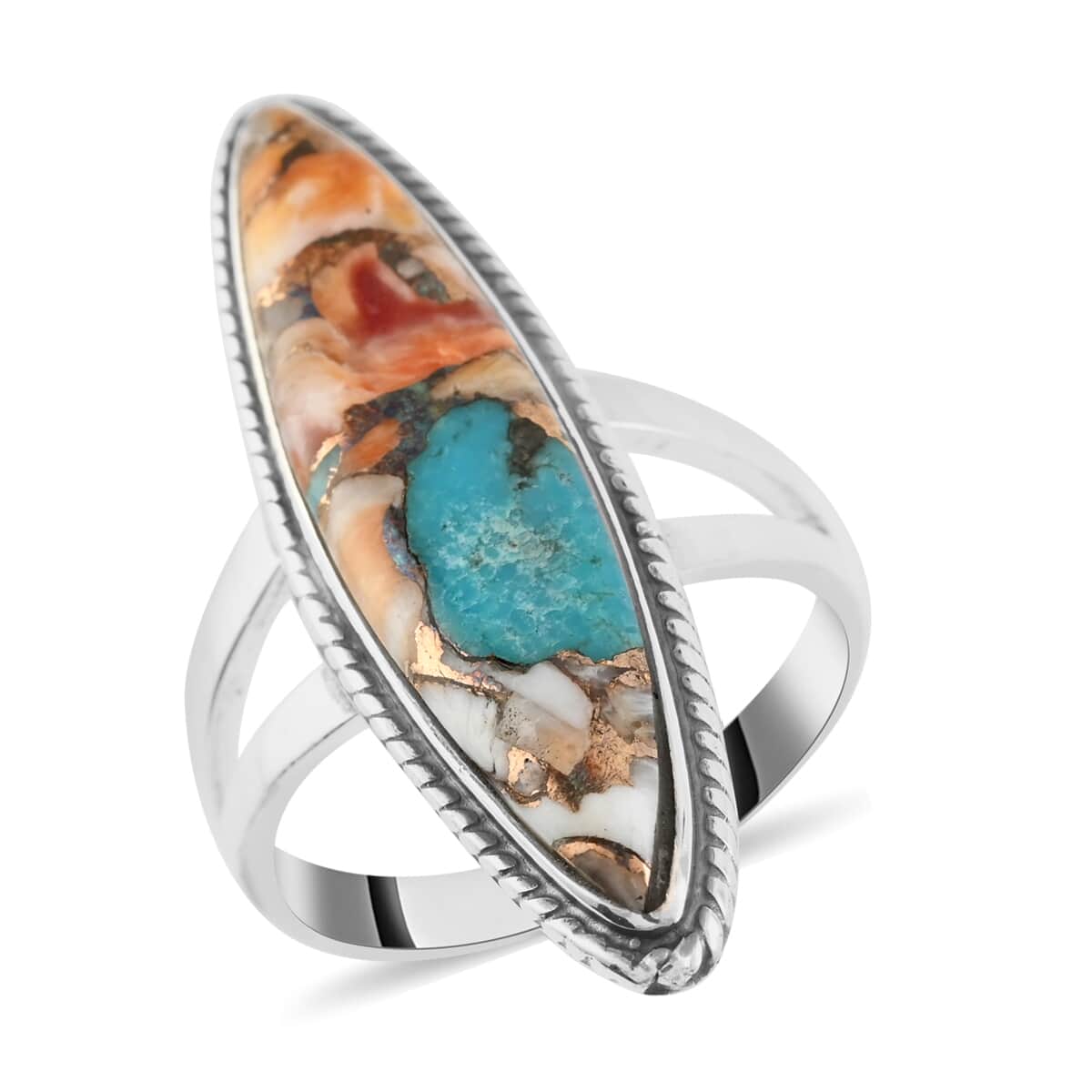 Santa Fe Style Spiny Turquoise Elongated Split Shank Ring in Sterling Silver (Size 11.0) 1.40 ctw image number 0