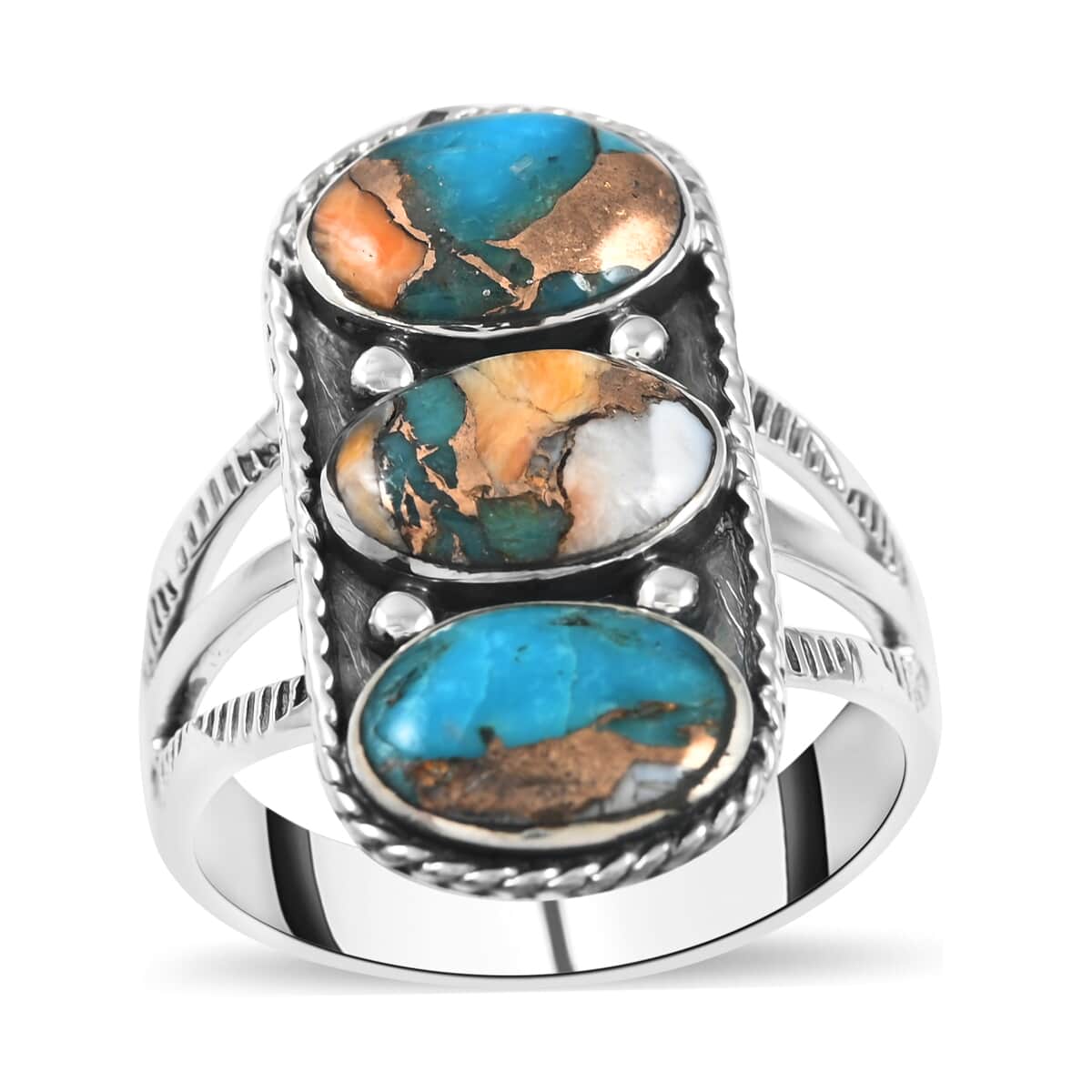 SANTA FE Style Spiny Turquoise 3 Stone Ring in Sterling Silver 1.75 ctw image number 0