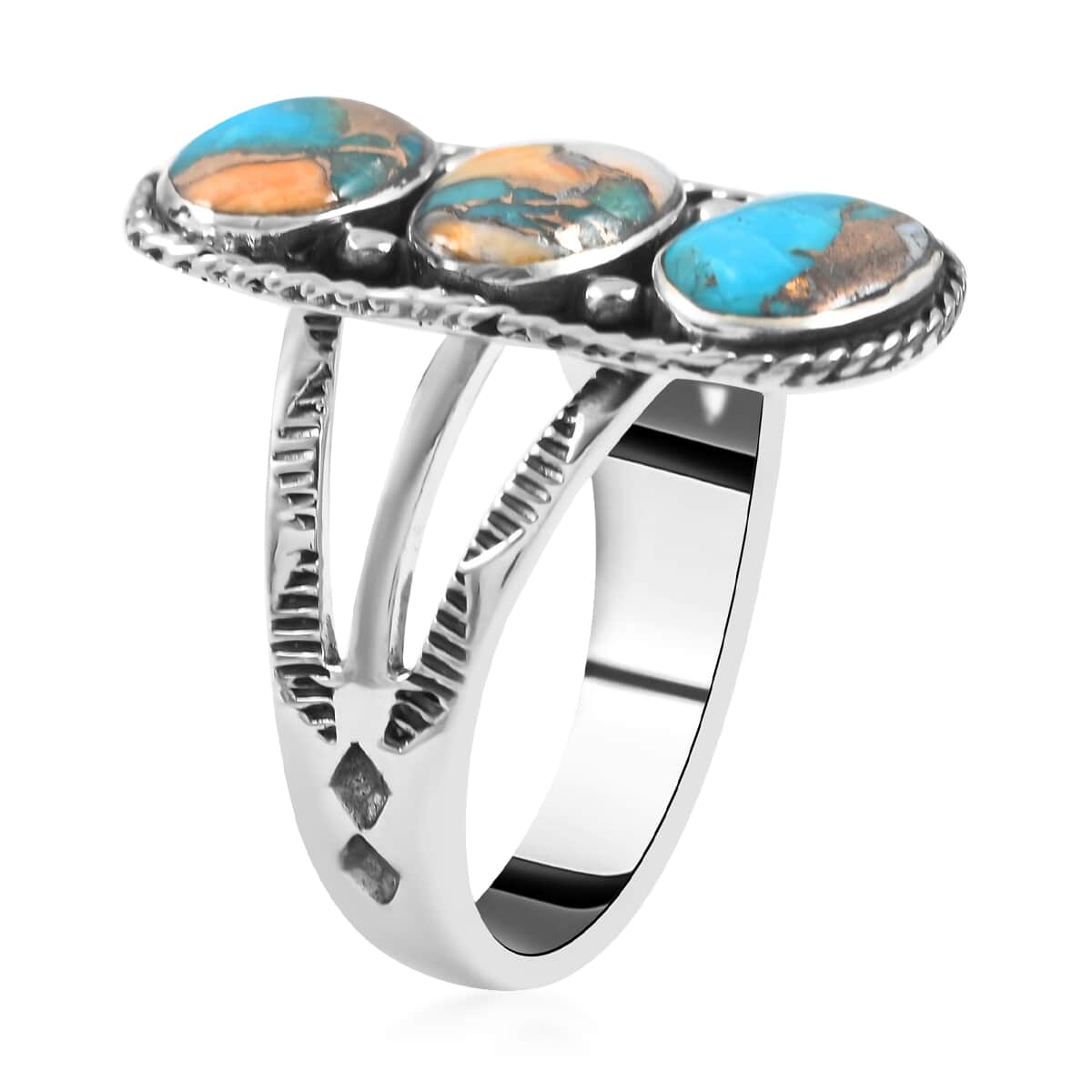 SANTA FE Style Spiny Turquoise 3 Stone Ring in Sterling Silver 1.75 ctw image number 3