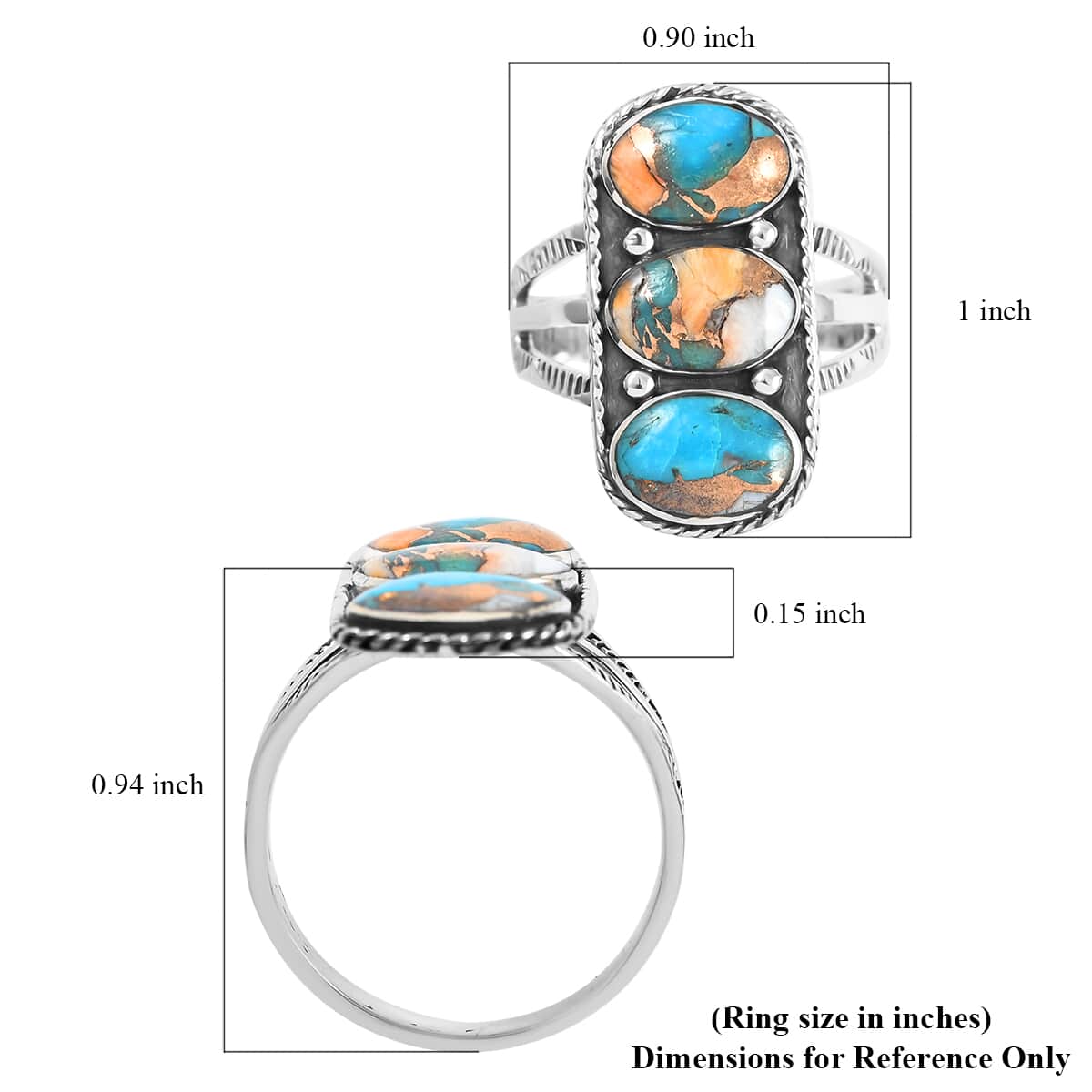 SANTA FE Style Spiny Turquoise 3 Stone Ring in Sterling Silver (Size 6.0) 1.75 ctw image number 4