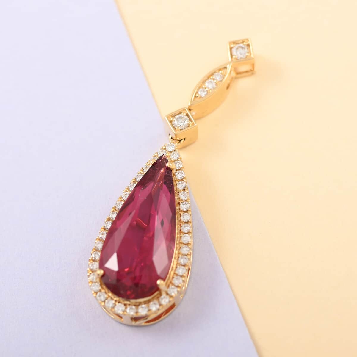 One Of A Kind Certified & Appraised ILIANA 18K Yellow Gold AAA Ouro Fino Rubellite and G-H SI Diamond Halo Pendant 3.65 Grams 5.00 ctw image number 1