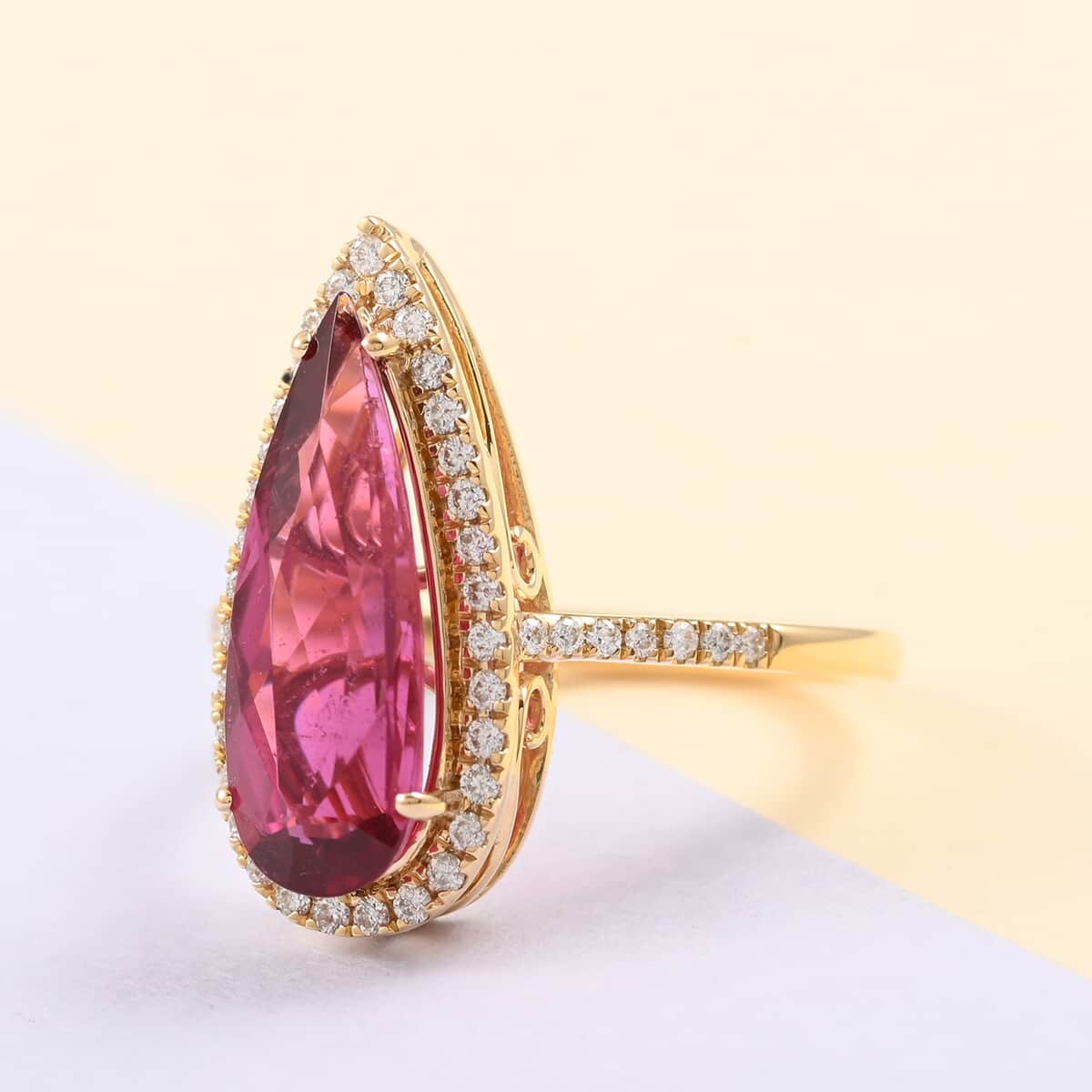 One Of A Kind Certified & Appraised ILIANA 18K Yellow Gold AAA Ouro Fino Rubellite and G-H SI Diamond Halo Ring (Size 7.0) 3.40 ctw image number 1