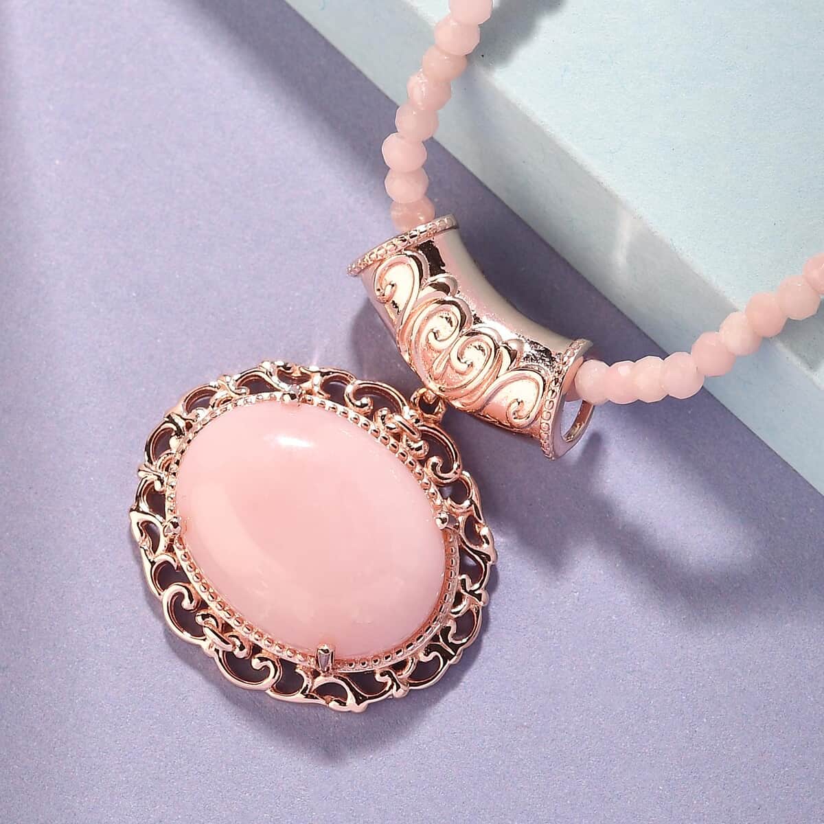 Peruvian Pink Opal Pendant with Beaded Necklace 18 Inches in Vermeil Rose Gold Over Sterling Silver 43.35 ctw image number 1