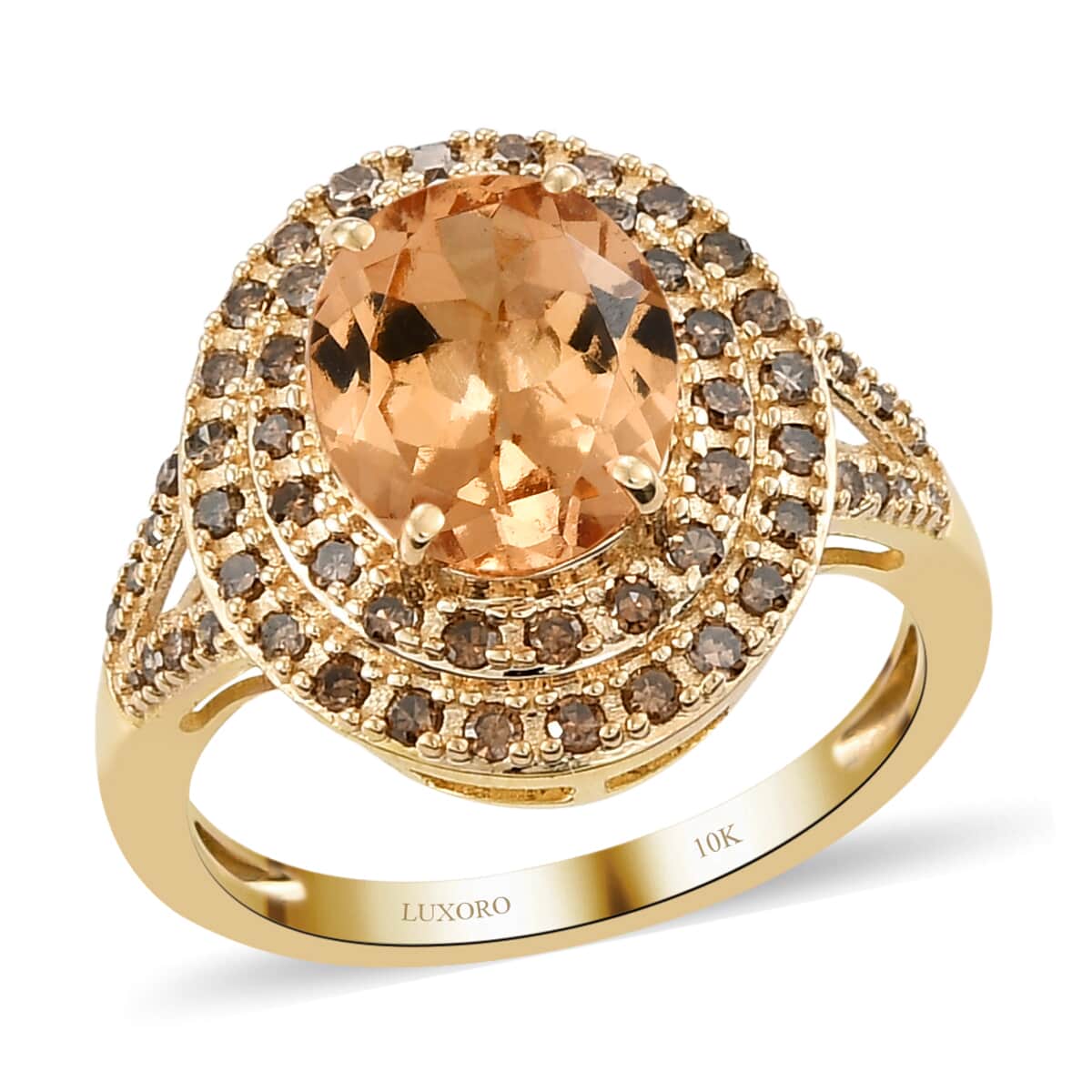 10K Yellow Gold  AA   Imperial Garnet ,  Champagne Diamond  I2 Main Stone With Side Stone Ring ,  Gold Wt. 3.45 g 3.53 ctw image number 0