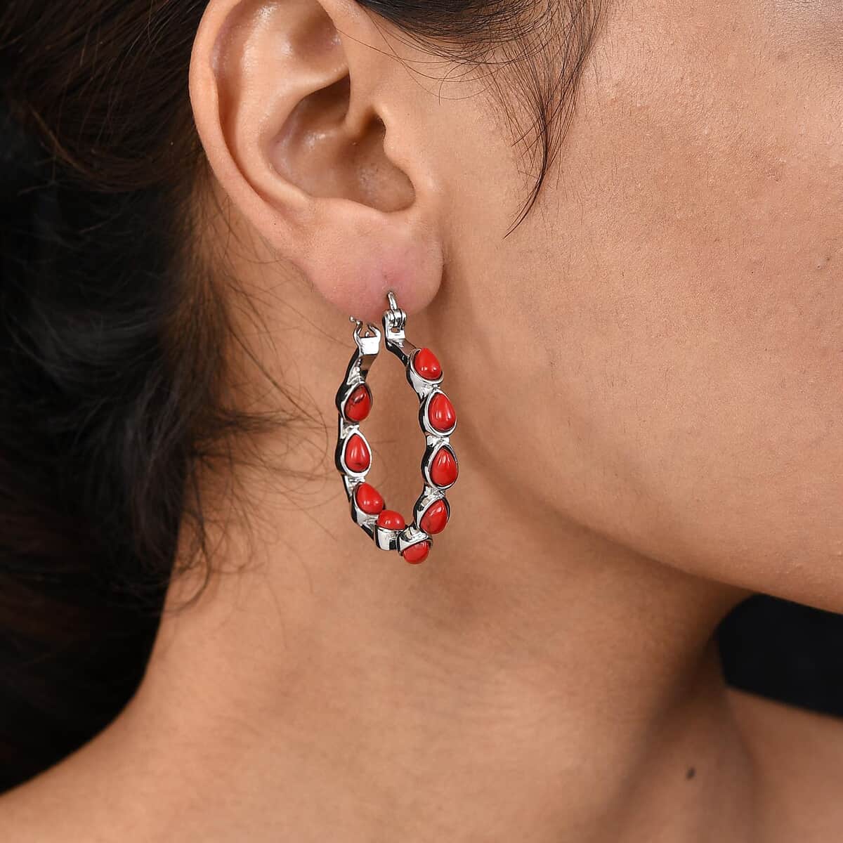 Red Howlite Inside Out Hoop Earrings in Stainless Steel 6.15 ctw image number 2