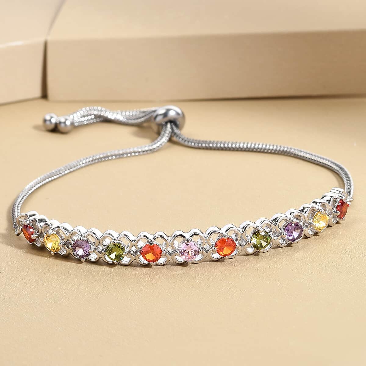 Karis Simulated Multi Color Diamond Bolo Bracelet in Platinum Bond and Stainless Steel 4.65 ctw , Tarnish-Free, Waterproof, Sweat Proof Jewelry image number 1