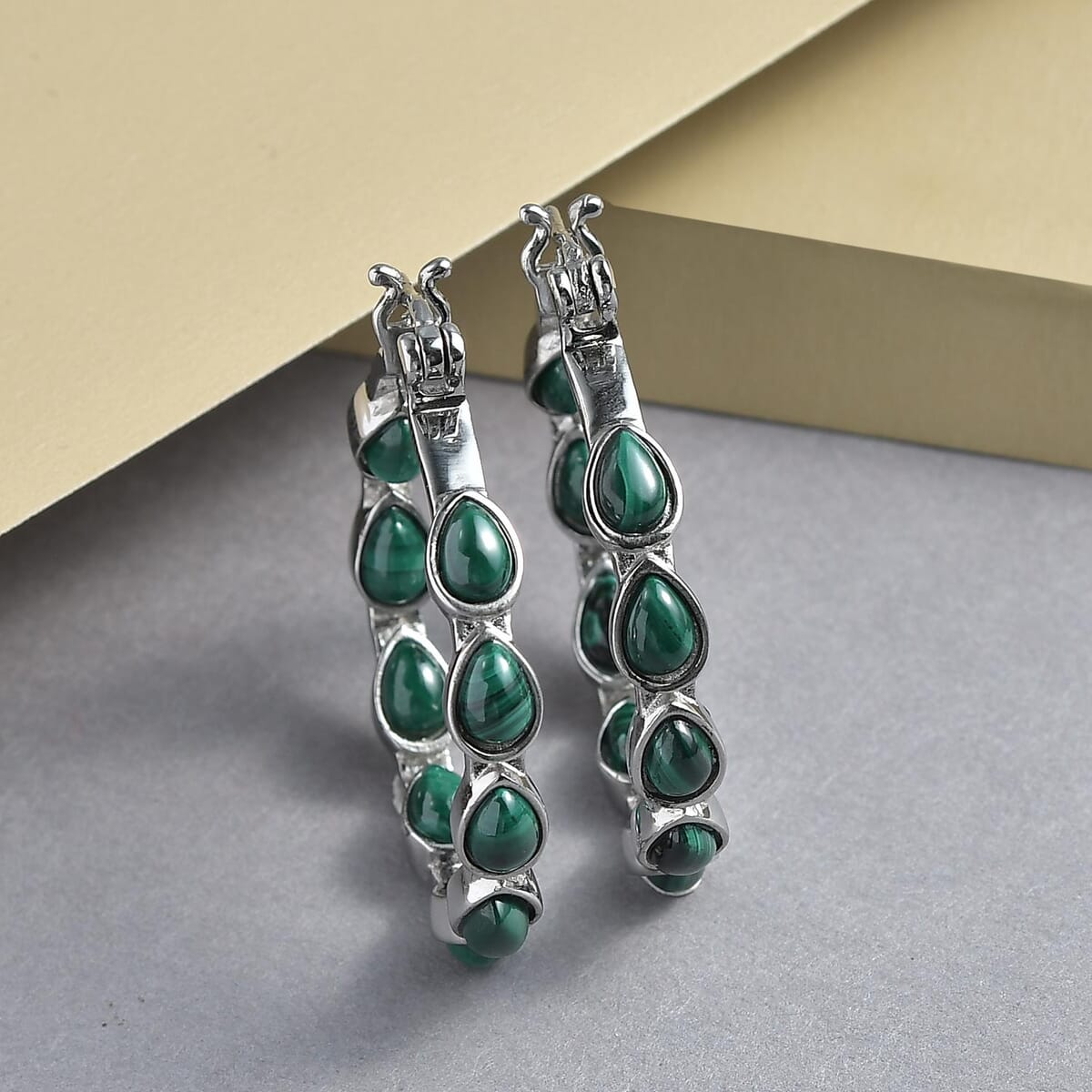 African Malachite Inside Out Hoop Earrings in Stainless Steel 11.50 ctw image number 1