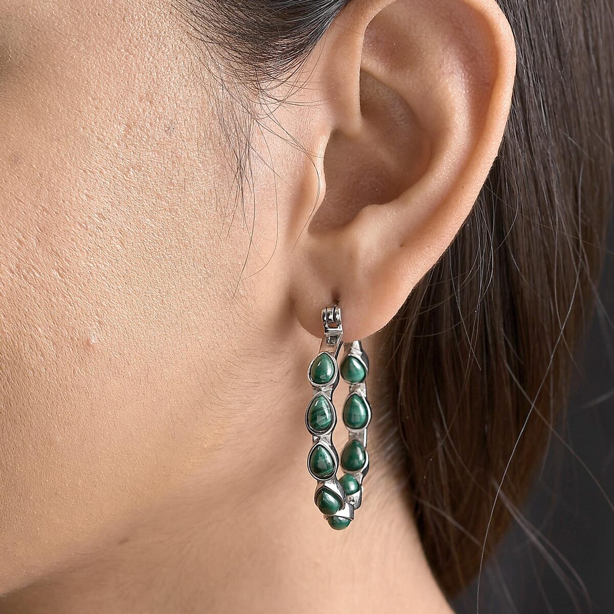 African Malachite Inside Out Hoop Earrings in Stainless Steel 11.50 ctw image number 2