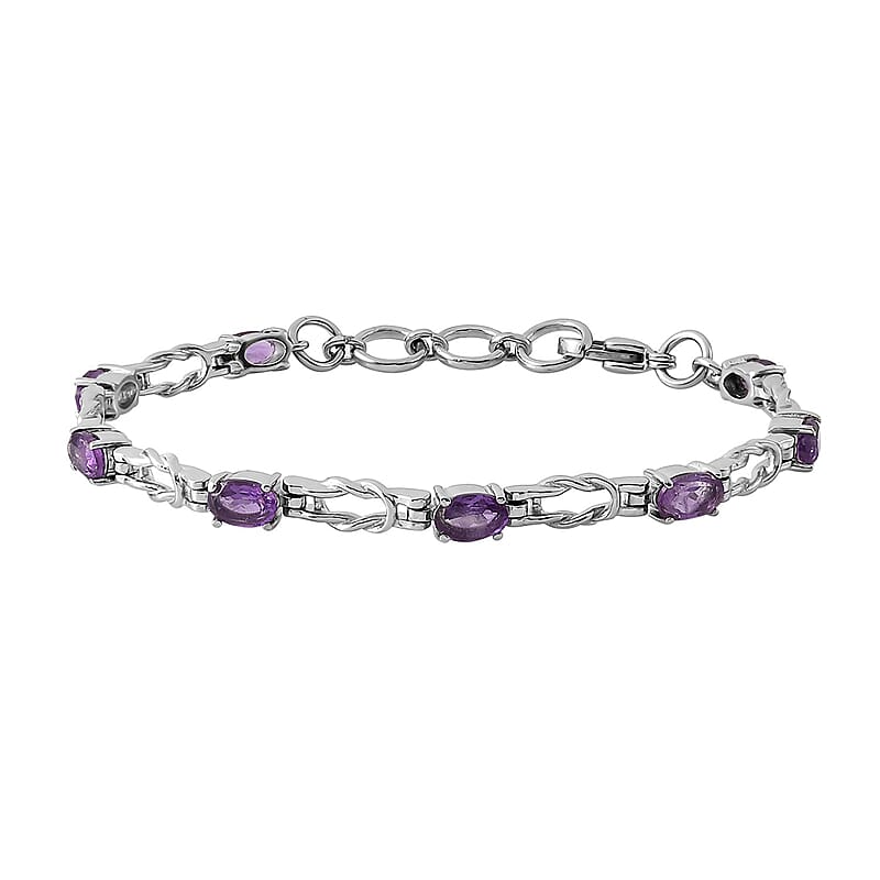 Amethyst 3.35 ctw Line Bracelet in Stainless Steel (7.25 In), Tarnish-Free, Waterproof, Sweat Proof Jewelry