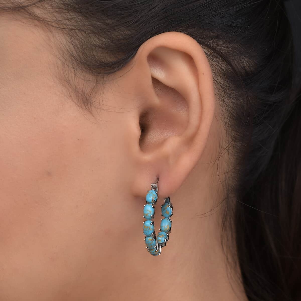 Mojave Blue Turquoise Hoop Earrings in Stainless Steel 7.65 ctw image number 2