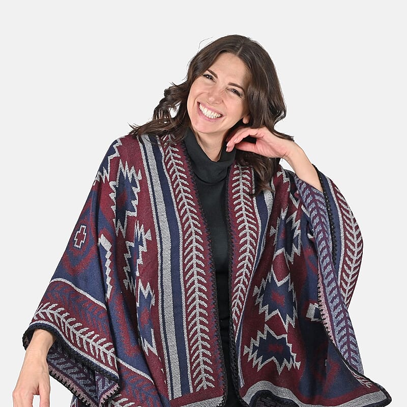 Tamsy Reversible Red and Blue Santa Fe Style Pattern Kimono - One Size Fits Most , Women's Kimono , Summer Kimono , Open-Front Kimono