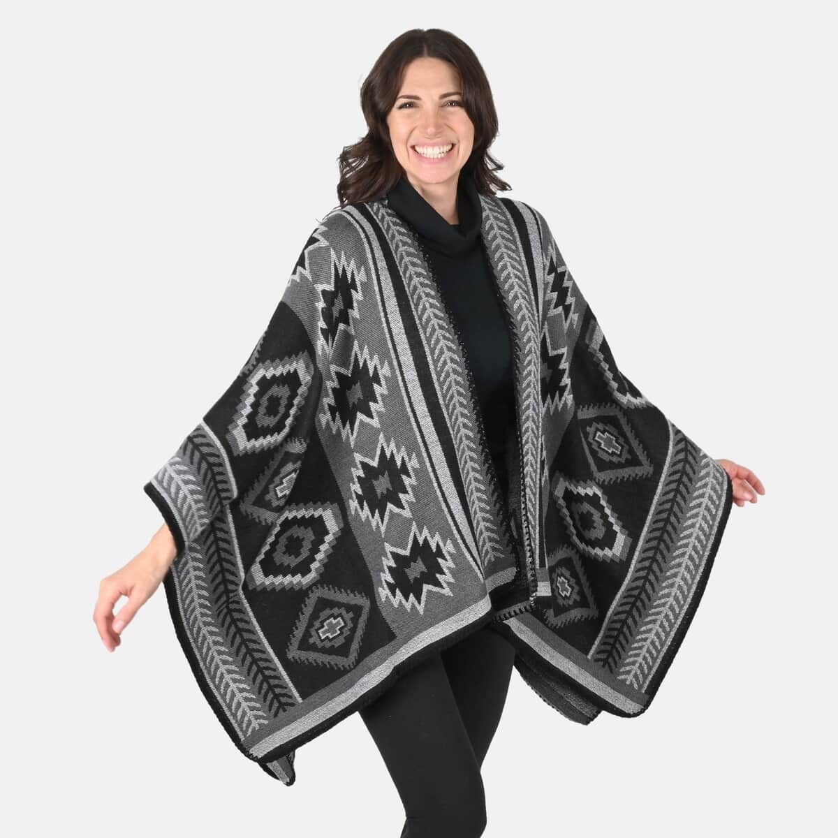 Tamsy Reversible Black and Gray Santa Fe Style Pattern Kimono - One Size Fits Most | Women's Kimono | Summer Kimono | Open-Front Kimono image number 0