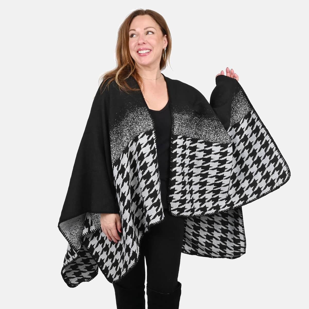 Tamsy Black Houndstooth Reversible Kimono - One Size Fits Most image number 3
