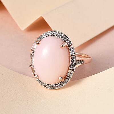 Peruvian Pink Opal and White Zircon Halo Ring in Vermeil Rose Gold Over Sterling Silver (Size 10.0) 7.40 ctw
