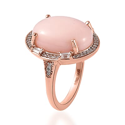Peruvian Pink Opal and White Zircon Halo Ring in Vermeil Rose Gold Over Sterling Silver (Size 10.0) 7.40 ctw