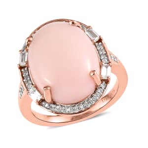 Peruvian Pink Opal and White Zircon Halo Ring in Vermeil Rose Gold Over Sterling Silver (Size 6.0) 7.40 ctw