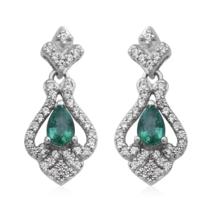AAA Kagem Zambian Emerald and Natural White Zircon Dangle Earrings in Platinum Over Sterling Silver 1.60 ctw