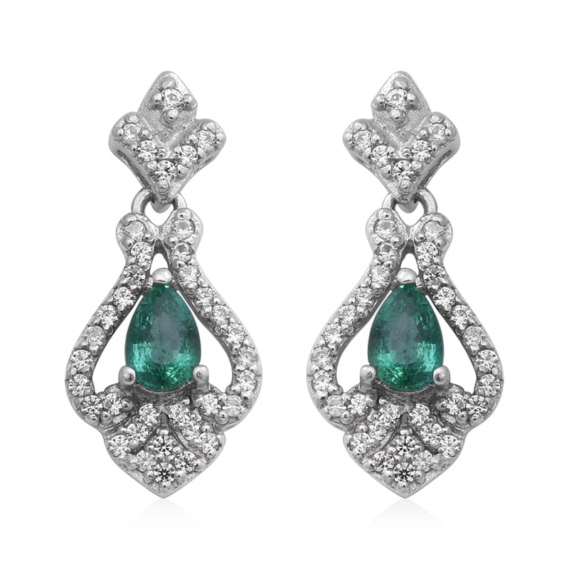 AAA Kagem Zambian Emerald and Natural White Zircon Dangle Earrings in Platinum Over Sterling Silver 1.60 ctw