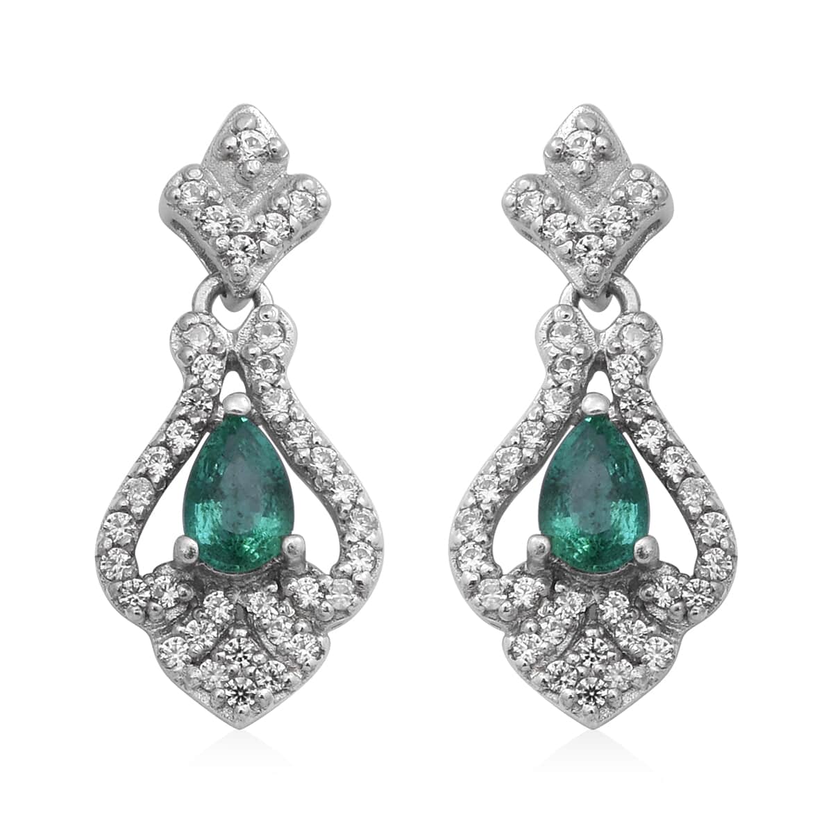 AAA Kagem Zambian Emerald and Natural White Zircon Dangle Earrings in Platinum Over Sterling Silver 1.60 ctw image number 0