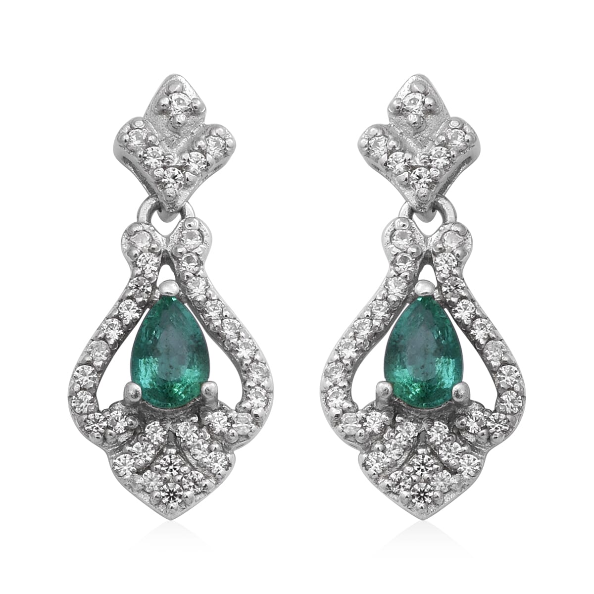 AAA Kagem Zambian Emerald and Natural White Zircon Dangle Earrings in Platinum Over Sterling Silver 1.60 ctw image number 0