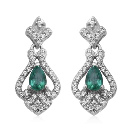 AAA Kagem Zambian Emerald and Natural White Zircon Dangle Earrings in Platinum Over Sterling Silver 1.60 ctw image number 0