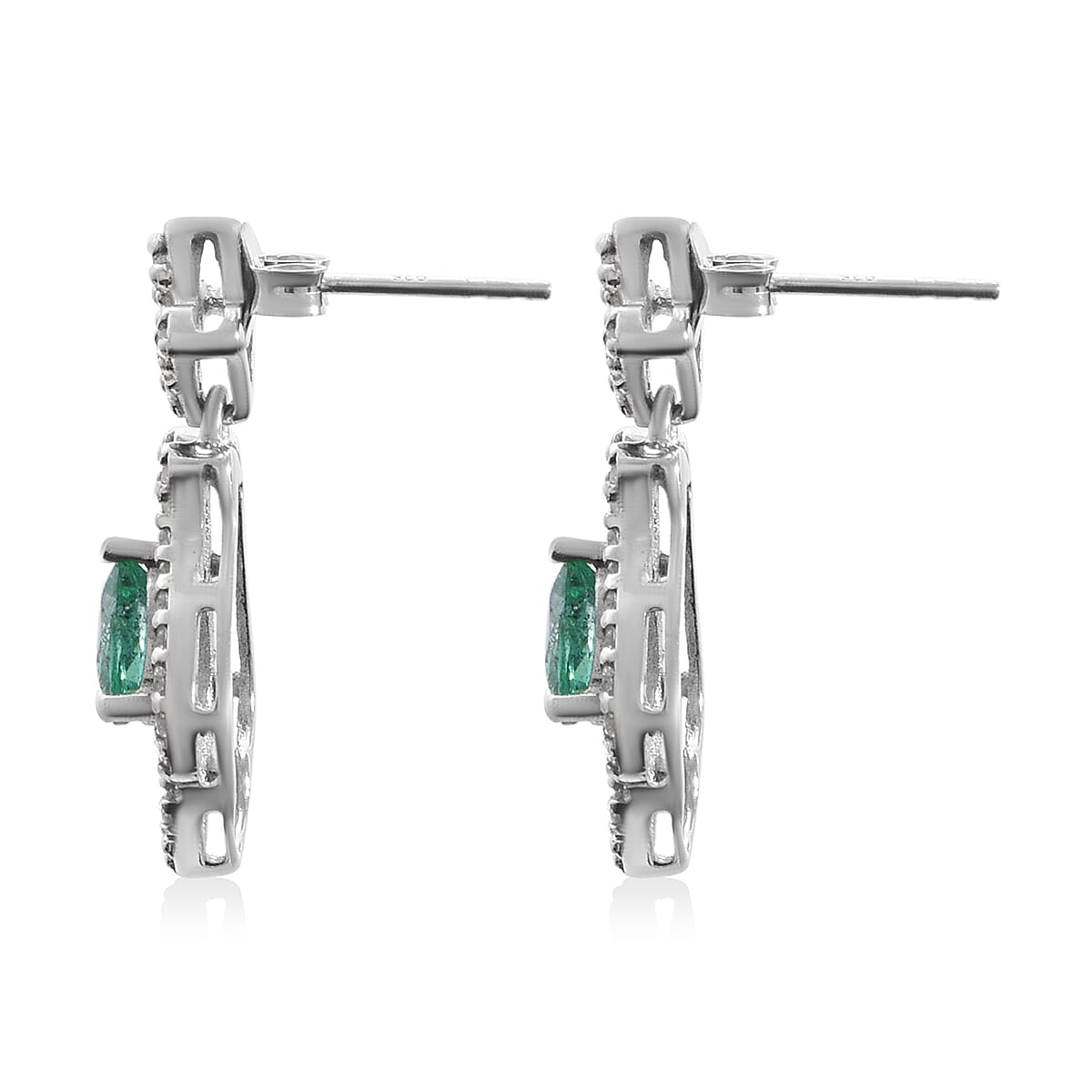 AAA Kagem Zambian Emerald and Natural White Zircon Dangle Earrings in Platinum Over Sterling Silver 1.60 ctw