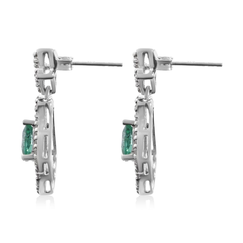 AAA Kagem Zambian Emerald and Natural White Zircon Dangle Earrings in Platinum Over Sterling Silver 1.60 ctw