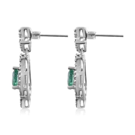 AAA Kagem Zambian Emerald and Natural White Zircon Dangle Earrings in Platinum Over Sterling Silver 1.60 ctw image number 2
