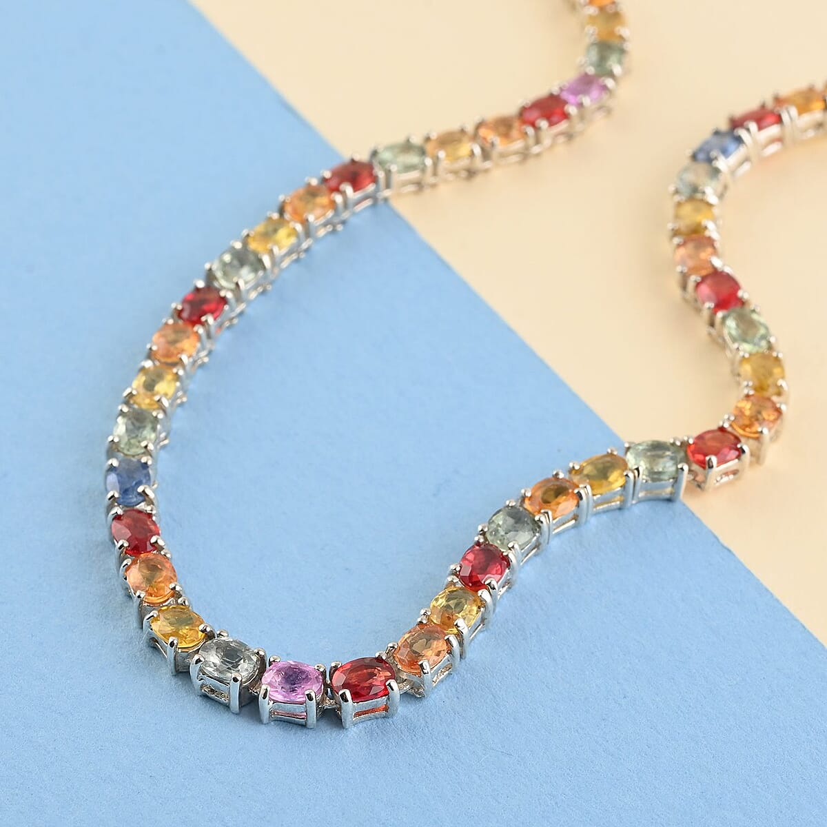 Multi Sapphire Tennis Necklace 18 Inches in Platinum Over Sterling Silver 20.15 Grams 26.25 ctw image number 1