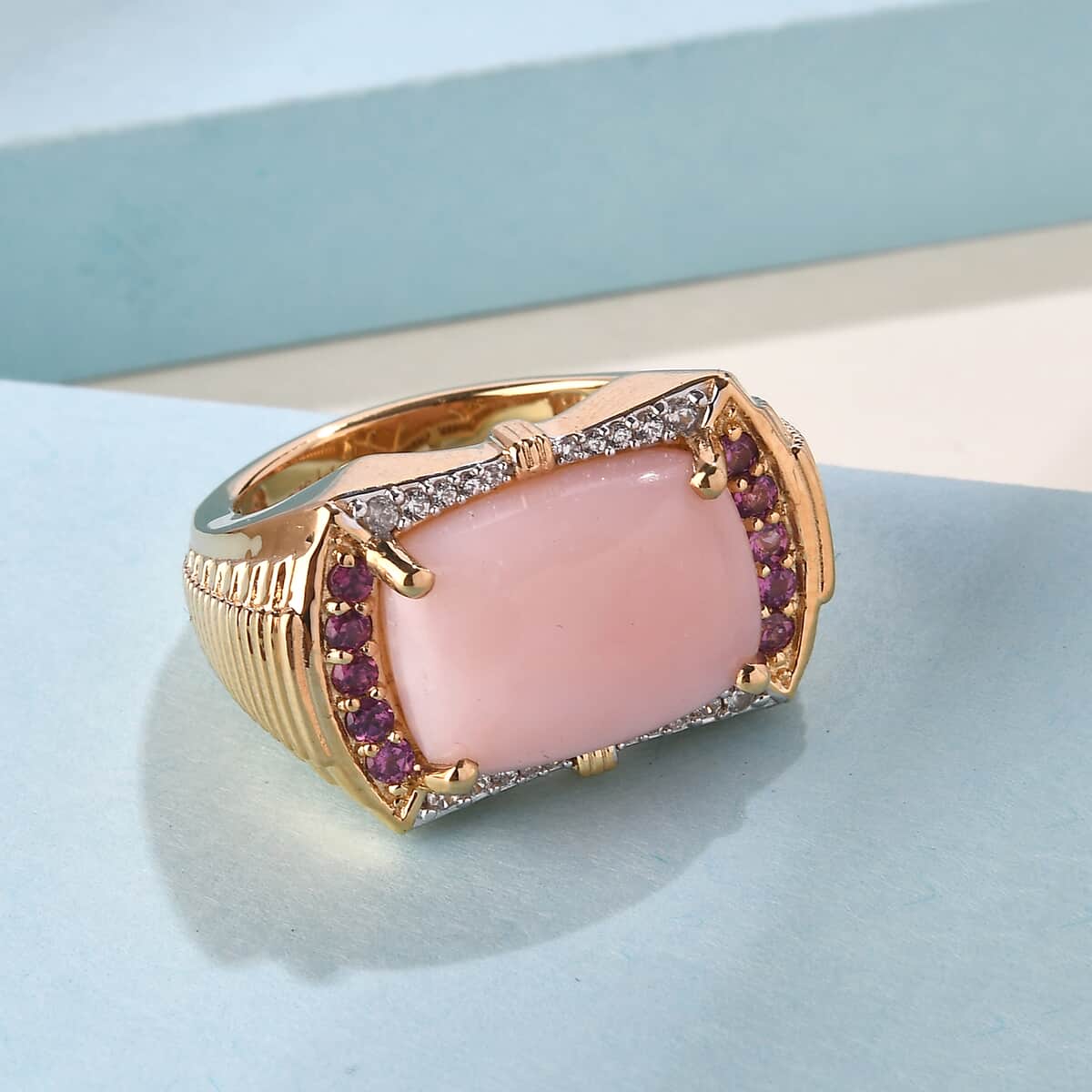 Peruvian Pink Opal and Multi Gemstone Men's Ring in Vermeil Yellow Gold Over Sterling Silver (Size 10.0) 10.75 Grams 8.75 ctw image number 1