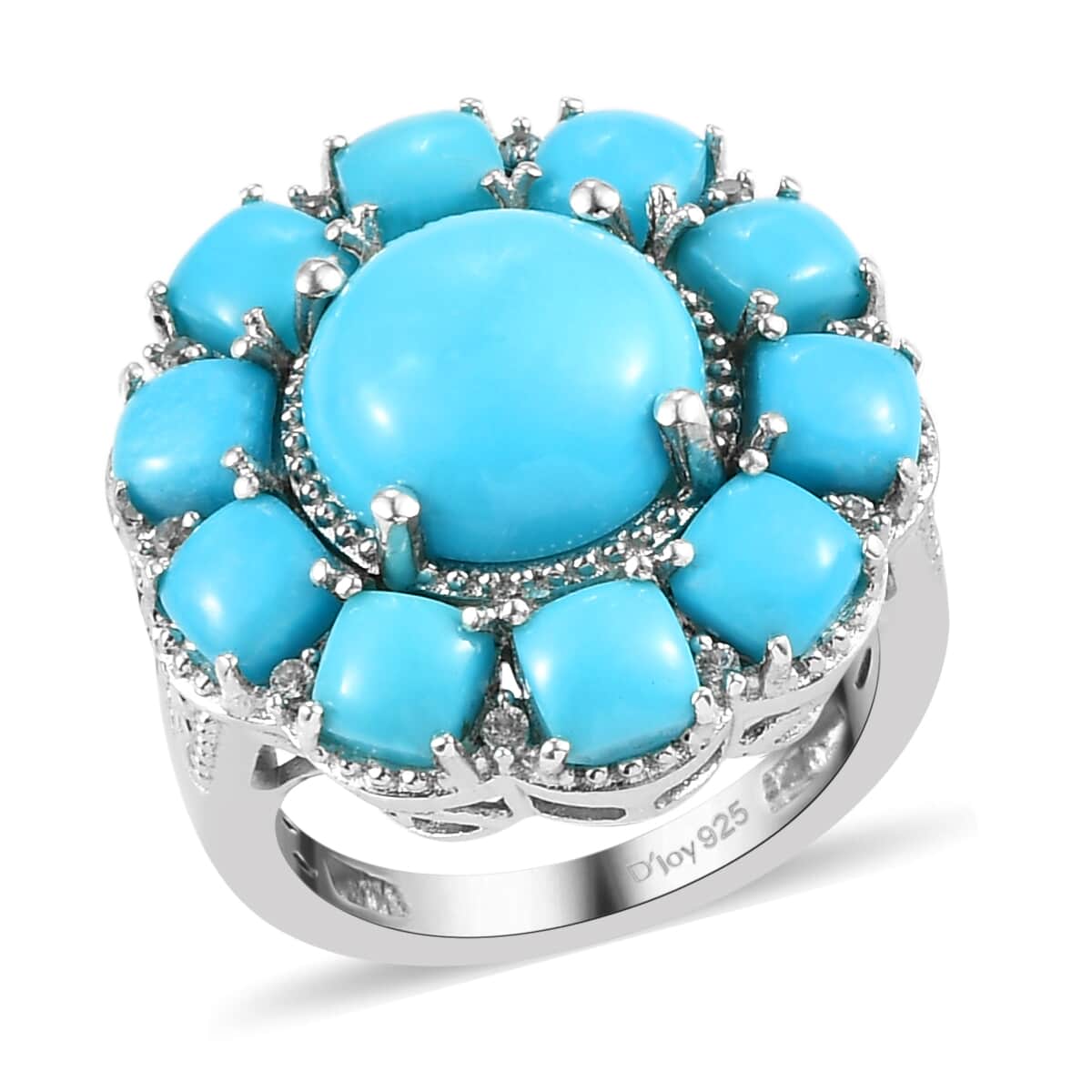 American Natural Sleeping Beauty Turquoise and Natural White Zircon Floral Ring in Platinum Over Sterling Silver 6.60 ctw image number 0