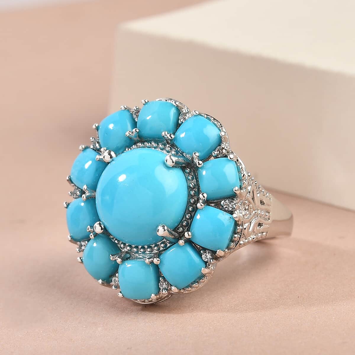 American Natural Sleeping Beauty Turquoise and Natural White Zircon Floral Ring in Platinum Over Sterling Silver (Size 10.0) 6.60 ctw image number 1
