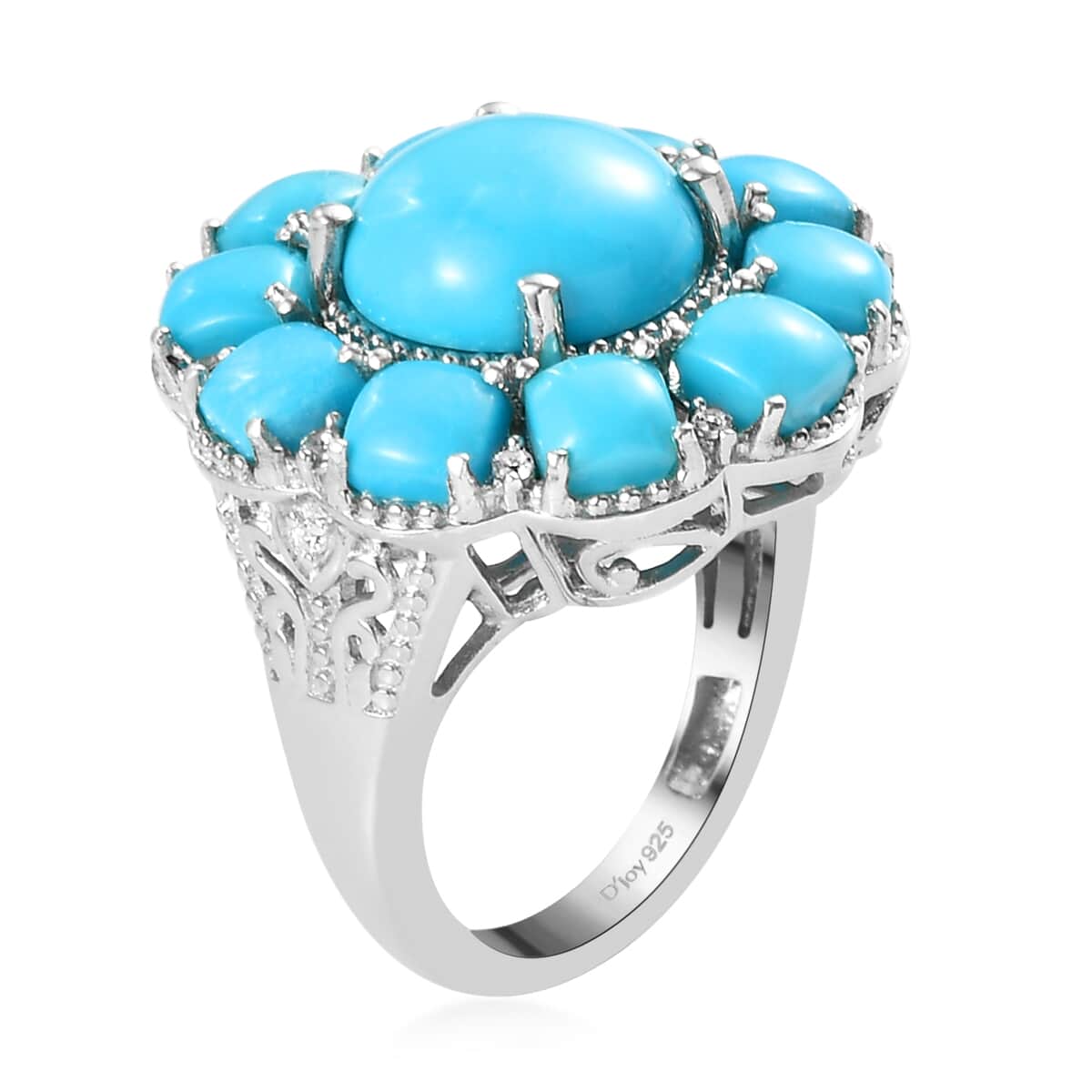 American Natural Sleeping Beauty Turquoise and Natural White Zircon Floral Ring in Platinum Over Sterling Silver 6.60 ctw image number 3
