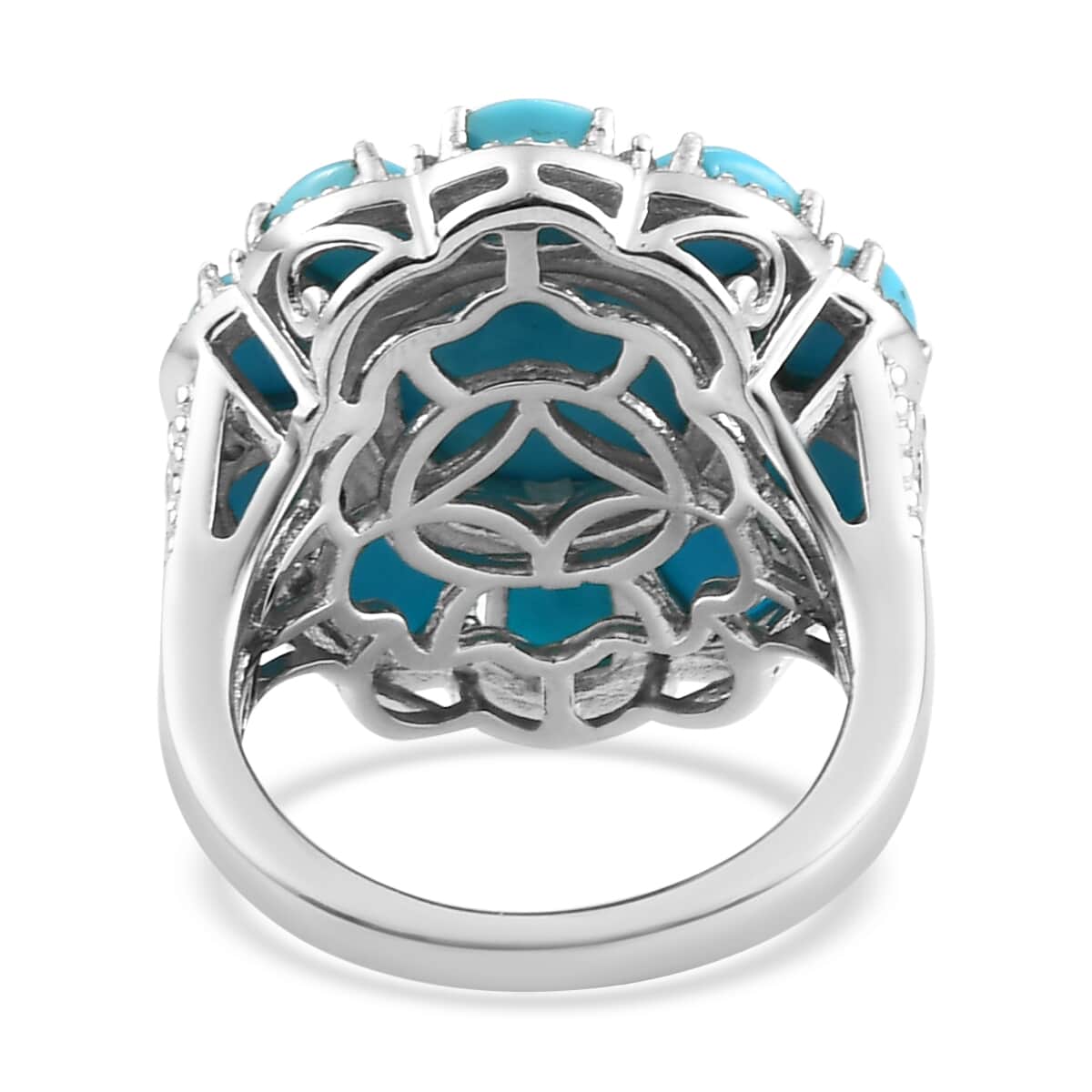 American Natural Sleeping Beauty Turquoise and Natural White Zircon Floral Ring in Platinum Over Sterling Silver 6.60 ctw image number 4