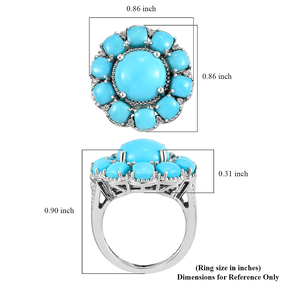 Sleeping Beauty Turquoise and Natural White Zircon Floral Ring in Platinum Over Sterling Silver (Size 6.0) 6.60 ctw image number 5