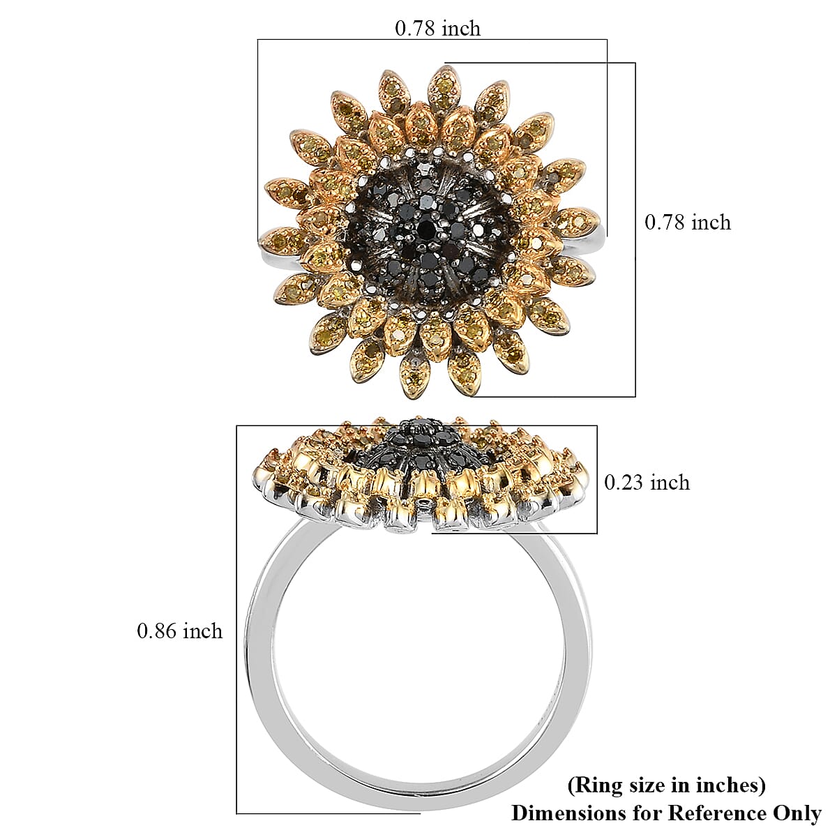 GP Italian Garden Collection Black and Yellow Diamond Floral Ring in Rhodium & Platinum Over Sterling Silver (Size 8.0) 0.50 ctw image number 5