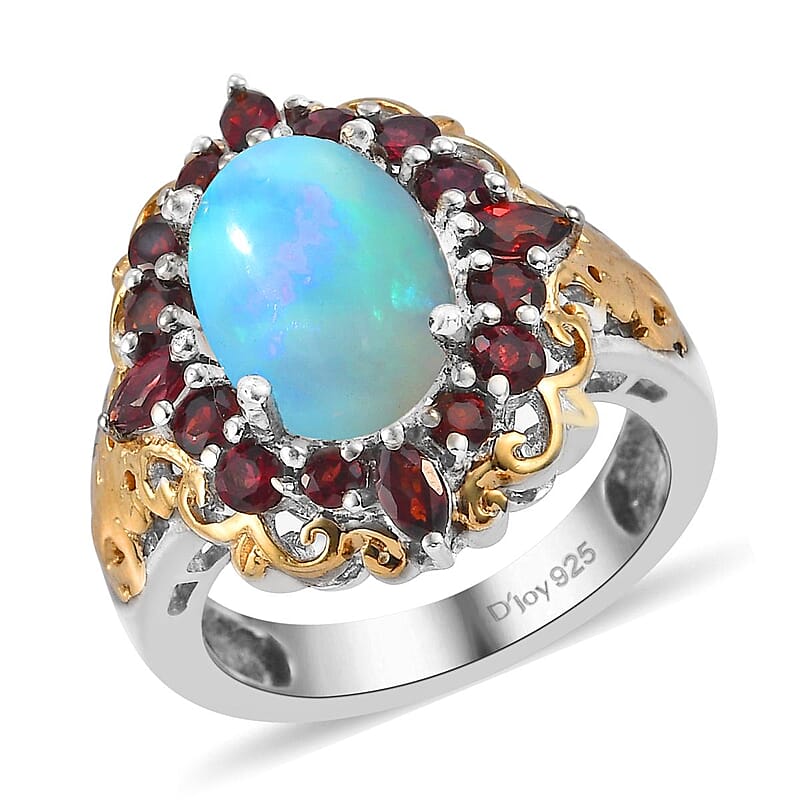 Premium Ethiopian Welo Opal and Anthill Garnet Cocktail Ring in Vermeil YG and Platinum Over Sterling Silver (Size 10.0) 3.75 ctw