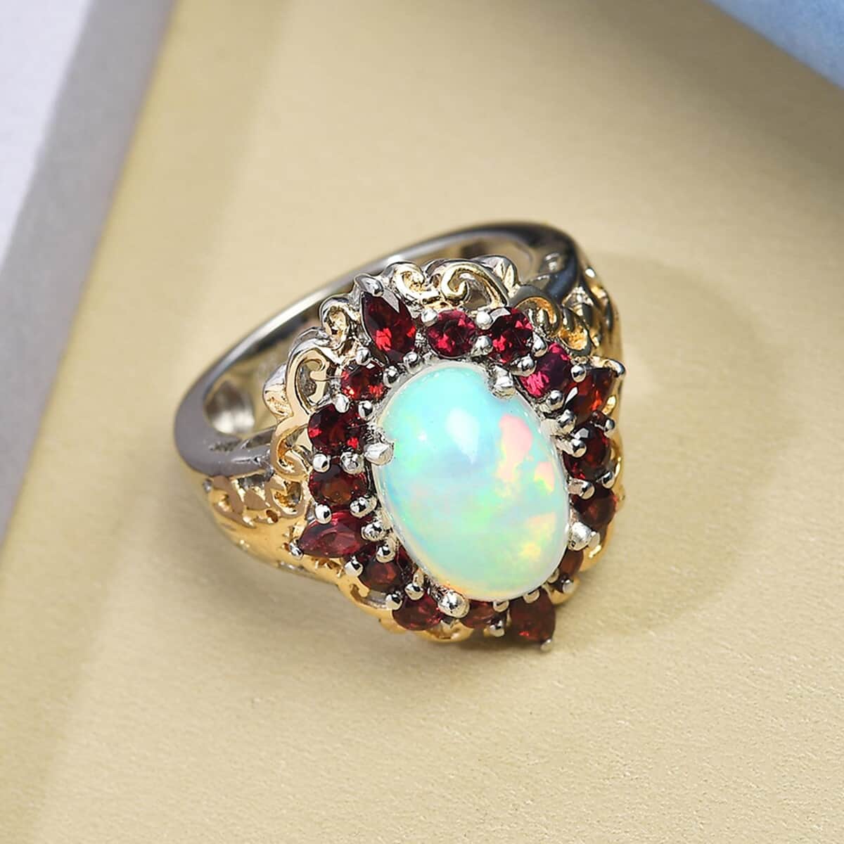 Ethiopian Opal ,  Anthill Garnet  Ring in Platinum Overlay Sterling Silver 3.09 ctw ,  Silver Wt.  image number 1