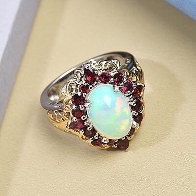 Premium Ethiopian Welo Opal and Anthill Garnet Cocktail Ring in Vermeil YG and Platinum Over Sterling Silver (Size 10.0) 3.75 ctw