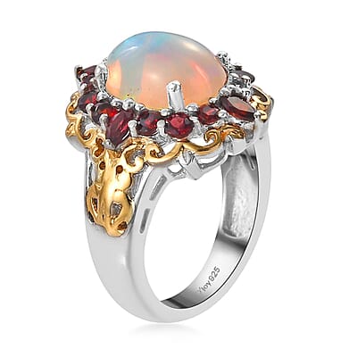 Premium Ethiopian Welo Opal and Anthill Garnet Cocktail Ring in Vermeil YG and Platinum Over Sterling Silver (Size 10.0) 3.75 ctw