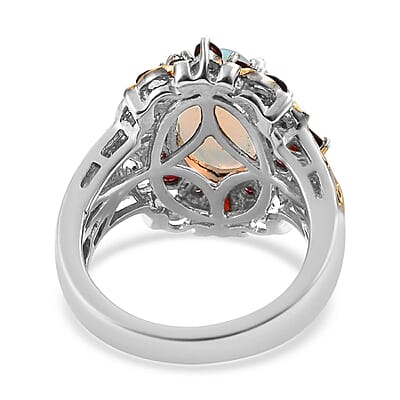 Premium Ethiopian Welo Opal and Anthill Garnet Cocktail Ring in Vermeil YG and Platinum Over Sterling Silver (Size 10.0) 3.75 ctw