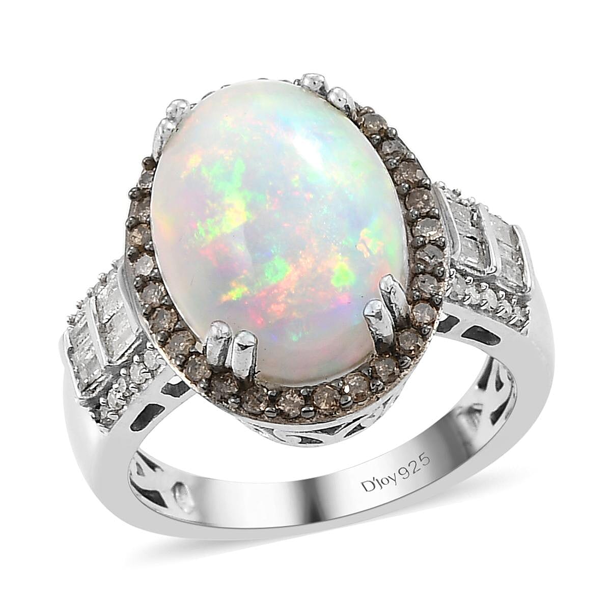 Premium Ethiopian Welo Opal, Natural Champagne and White Diamond Ring in Rhodium & Platinum Over Sterling Silver (Size 10.0) 4.40 ctw