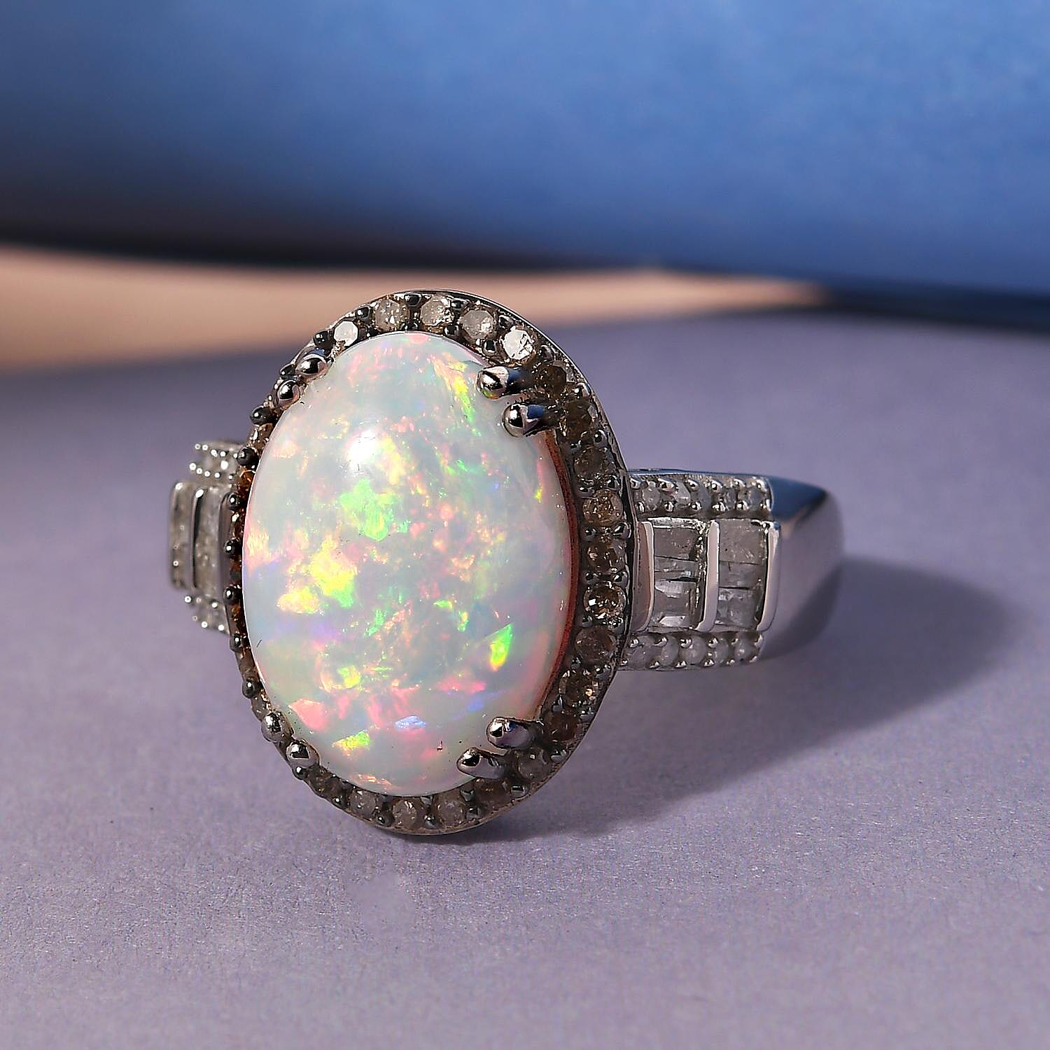 Premium Ethiopian Welo Opal, Natural Champagne and White Diamond Ring in Rhodium & Platinum Over Sterling Silver (Size 10.0) 4.40 ctw
