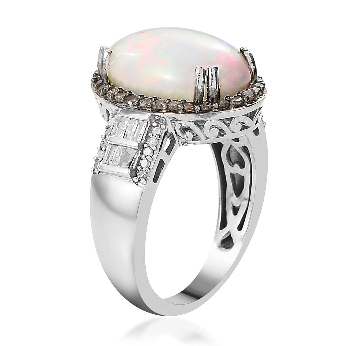 Premium Ethiopian Welo Opal, Natural Champagne and White Diamond Ring in Rhodium & Platinum Over Sterling Silver (Size 10.0) 4.40 ctw