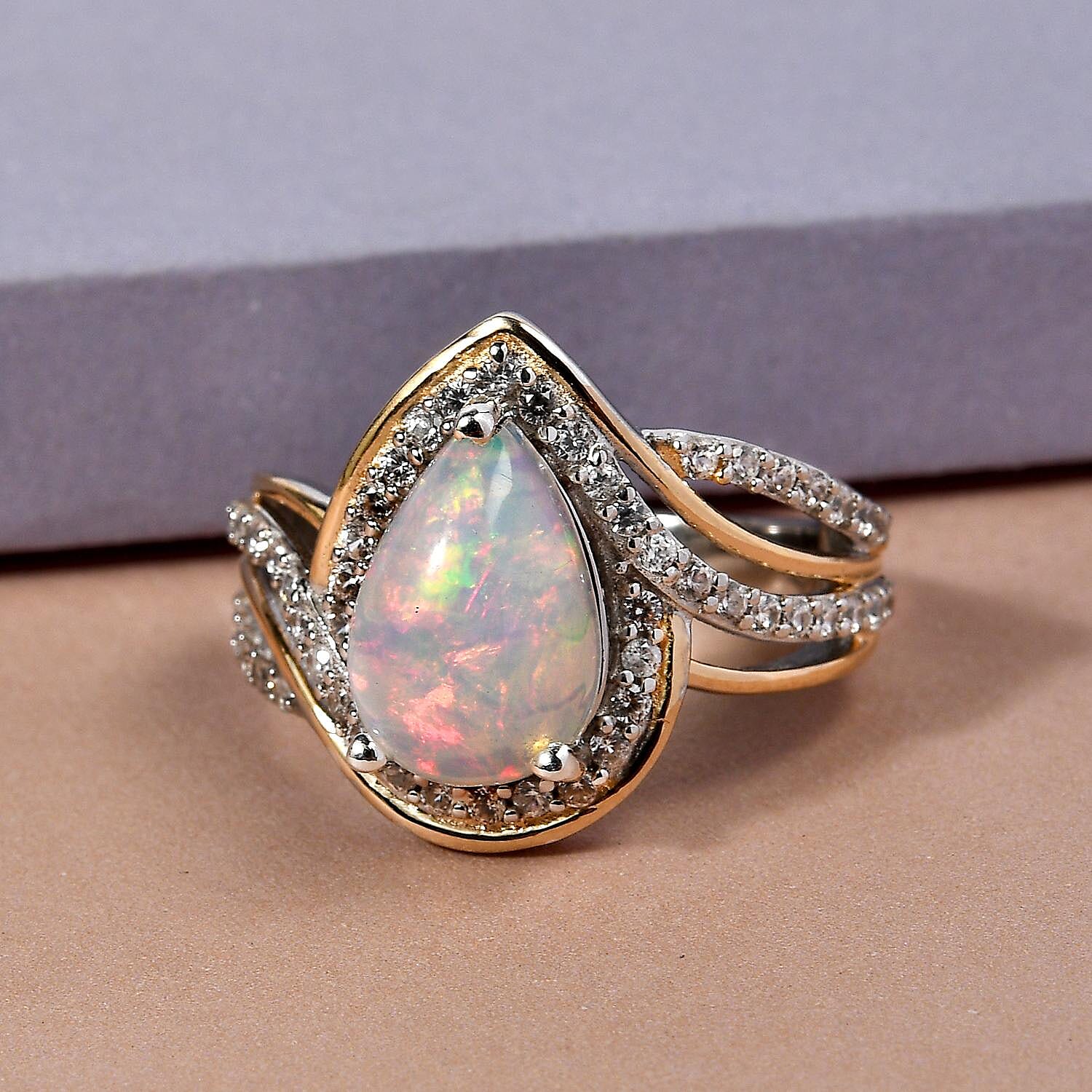 Premium Ethiopian Welo Opal and Natural White Zircon Ring in Vermeil Yellow Gold and Platinum Over Sterling Silver (Size 7.0) 2.40 ctw