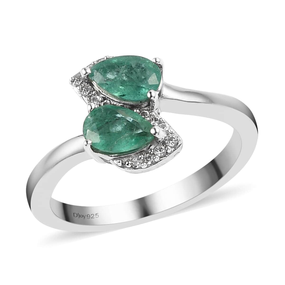 AAA Kagem Zambian Emerald and Natural White Zircon Bypass Ring in Platinum Over Sterling Silver (Size 6.0) 0.85 ctw image number 0