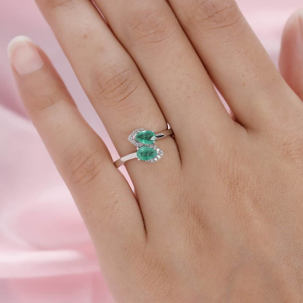 AAA Kagem Zambian Emerald and Natural White Zircon Bypass Ring in Platinum Over Sterling Silver (Size 6.0) 0.85 ctw image number 2